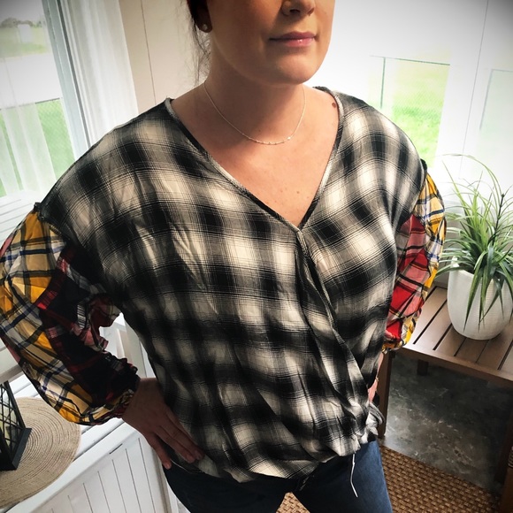 New In! Multicolor Buffalo Plaid Surplice Top Plus - Picture 3 of 6